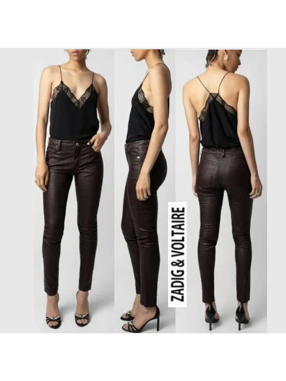 Zadig & Voltaire Phlame Leather Pants Brown Skinny Moto EURO 34